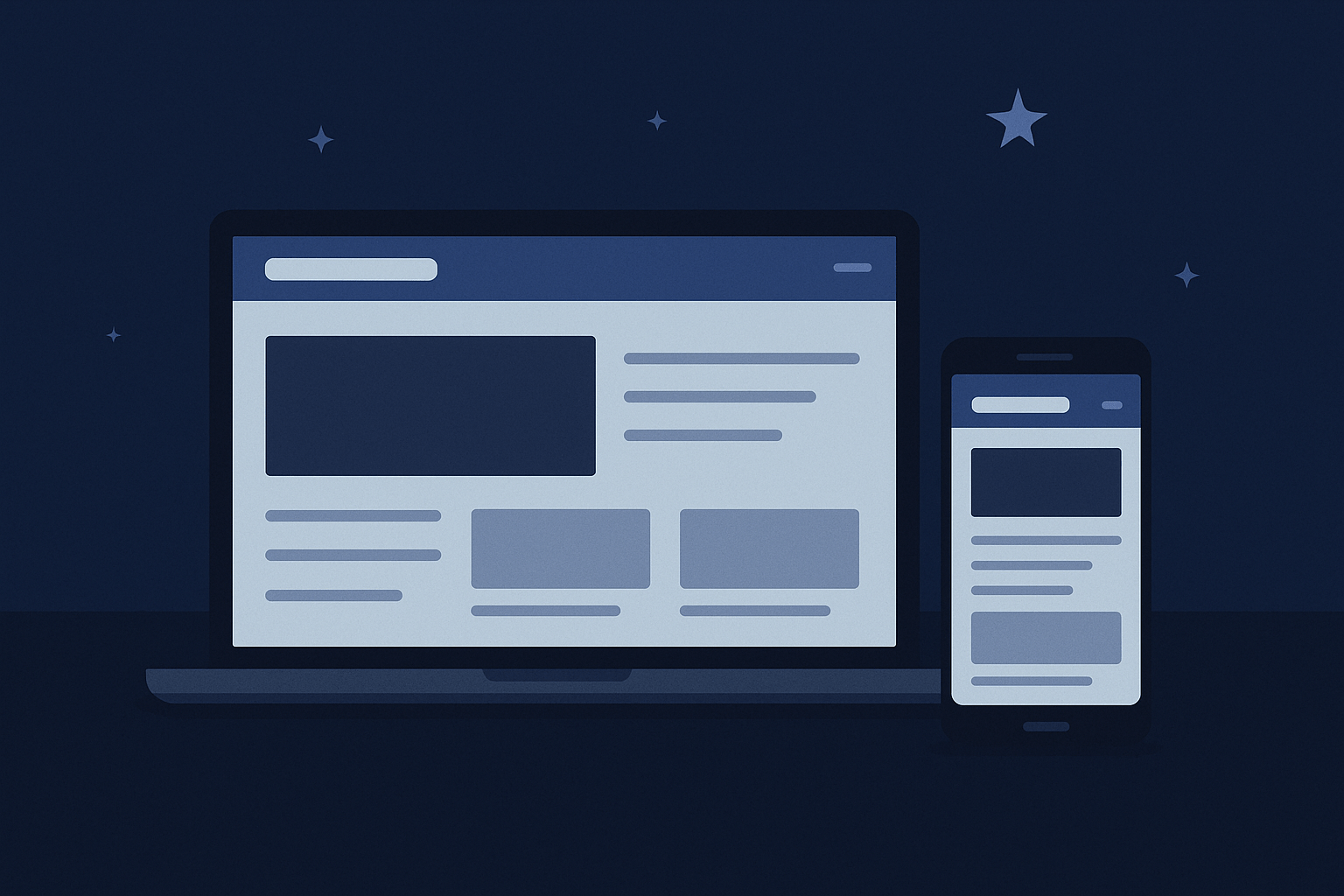 Illustration d'un site vitrine Visuel d'un PC portable et d'un smartphone allumé au milieu de la nuit pour montrer la visibilité d'un site vitrine